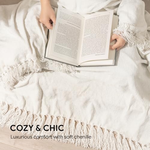 RECYCO Throw Blanket Soft Cozy Chenille Throw Blanket with Fringe Tassel for Couch Sofa Chair Bed Living Room Gift (Ivory White, 50" x 60") - color: Ivory White, size: 50'' X 60''