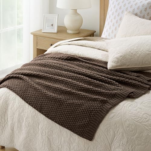 EVERGRACEHOME Chunky Chenille Knit Throw Blanket for Couch, Soft Luxurious Moss Stitch Blankets for Bed, Cozy Decorative Farmhouse Knitted Throws for Sofa, Cocoa Brown, 50" x 60" - color: Cocoa Brown, size: 50" X 60"