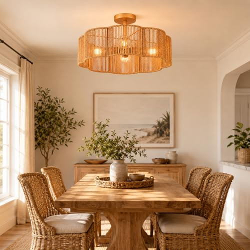 Hamilyeah Rattan Flush Mount Ceiling Light Fixture, 20 Inch Woven Scalloped Boho Ceiling Lamp, 4-Light Gold Ceiling Fixture with Hand-Woven Wicker Shade for Bedroom, Dining Room, Kitchen - color: Gold