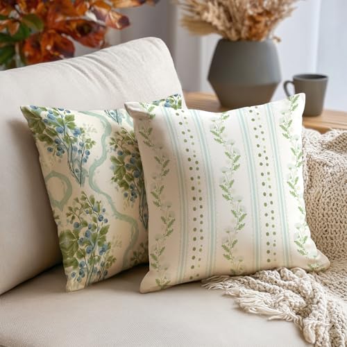 Boho Green and White Throw Pillow Covers 18x18 Inch, Set of 2 Vintage Floral Double -Sided Printed Pillowcase, Farmhouse Couch Decor for Sofa Bedroom Living Room