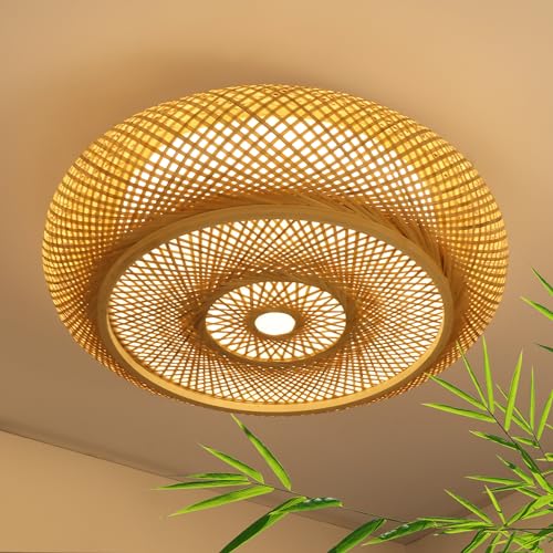 23.6 in Bamboo Woven Rattan-Style Ceiling Light, Boho Ceiling Light Fixture with Remote, LED Dimmable Ceiling Light, Boho Light Fixture for Bedroom Living Room Dining Room Light - size: 23.6in
