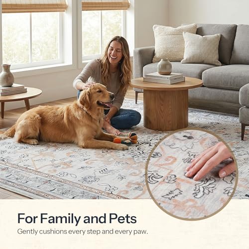 HOOBRO Washable Rug 6 x 9 Area Rugs for Living Room, Non-Slip Stain Resistant Rug, Low Pile Soft Rug Indoor Large Carpets Pet Friendly Mat, for Bedroom Kitchen Dining Room, Vintage Beige EF04AR01 - color: Vintage Beige, size: 6' x 9' (Rectangular)