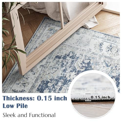 jinchan Fiora Floral 2x3 Rug for Entryway - Vintage Washable Small Non-Slip Distressed Indoor Doormat Ultra-Thin Low-Pile Accent Rug for Entrance Kitchen Bedroom Bathroom (2x3ft, Dark Blue) - color: Distressed Dark Blue, size: 2' x 3' (Light Weight)