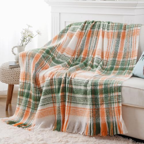 Battilo Green Plaid Throw Blanket for Couch, Fall Mohair Tartan Plaid Blanket, Farmhouse Style Orange Throw Blankets for Home Decor(50"x60") - color: Green Orange Plaid