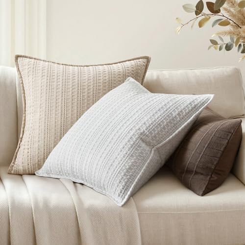 Set of 2 Decorative 100% Cotton Waffle Throw Pillow Covers 18x18, Neutral Euro Shams Weave European Cushion Cases for Couch Sofa Bed Modern Farmhouse Home Decor, Oatmeal - color: Oatmeal, size: 18" x 18" (Pack of 2)