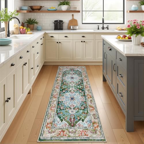 U'Artlines 2' x 5' Boho Hallway Runner Rug, Non Slip Washable Vintage Farmhouse Accent Area Rug Carpet for Kitchen Entryway Laundry and Living Room (Green) - color: Green, size: 2' x 5' (Runner)