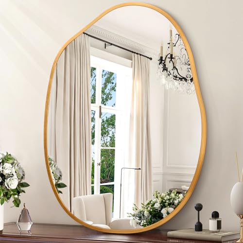 Gold Irregular Wall Mirror Aluminum Alloy Frame Asymmetrical Bathroom Mirrors Brushed Metal Vanity Wall Mounted Mirror for LivingRoom Bedroom Entryway Room Home Decor Large 22"x30" - color: Gold, size: 30"L x 22"W