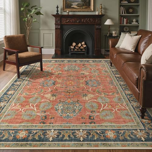 Bavni Floral Area Rugs 6x9, Vintage Accent Living Room Rug, Distressed Washable Rug Non Slip Stain Resistant, Low Pile Thin Soft Coral Blue Large Carpet for Bedroom, Dining Room, Home Office, Nursery - color: Coral Blue, size: 6' x 9' (Rectangular)