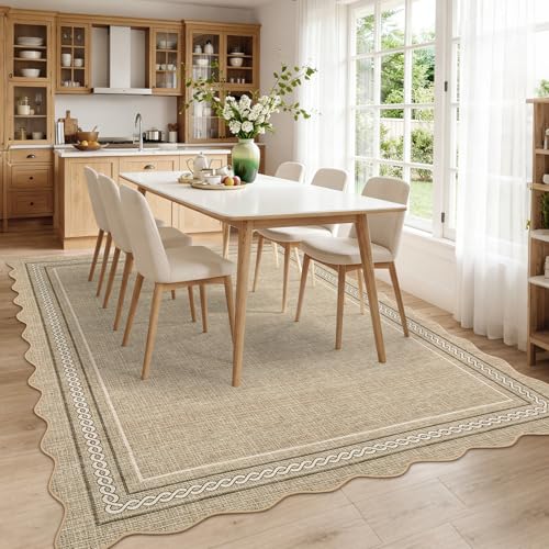 GarveeHome Washable Area Rugs 9x12 Living Room Rug Scalloped Jute Printed Non Slip Soft Bedroom Rugs Low Pile Foldable Large Rug Stain Resistant Carpet for Nursery Dining Room Classroom, Jute - color: Jute Color, size: 9' x 12' (Rectangular)