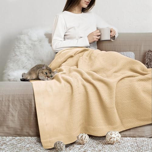 THREAD SPREAD Organic GOTS Certified Cotton Blanket, Twin/Twin XL - 350 GSM, Antistatic, Fuzzy Soft, Lightweight, Sofa, Camping & Travel, All-Season Herringbone Throw, Biege + Stylish Bonus Tote Bag - color: Herringbone - Beige, size: Twin / Twin XL