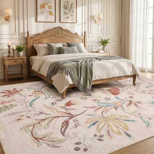 8x10 Washable Area Rugs for Living Room, Beige Vintage Boho Floral Rug, Soft Low Pile Thin Carpet, Non-Slip Large Rugs for Bedroom Dining Room Playroom Indoor Farmhouse Nursery Office, Beige-Floral - color: Beige Multi, size: 8' x 10' (Rectangular)