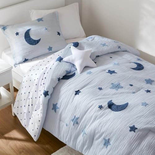 Intelligent Design Kids Cosmos Twin Size Comforter Set – Blue Star and Moon Tufted Chenille, Reversible 3-Piece Bedding with Star Pillow - color: Blue, size: Twin Comforter