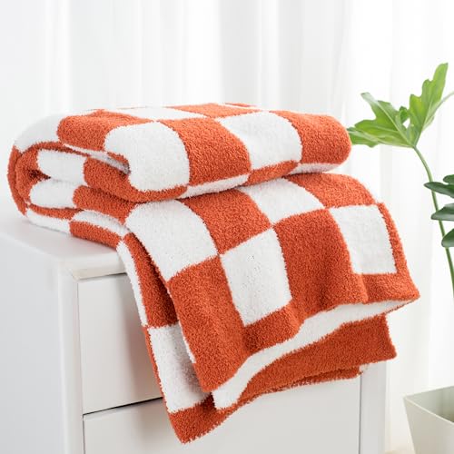 Carriediosa Checkered Throw Blanket 50" X 60", 400GSM Ultra Soft Microfiber Fuzzy Fluffy Reversible Cute Preppy Knitted Blankets Cozy Plush Fall Throws for Couch, Bed, Sofa, Rust - color: Check - Rust, size: 50" X 60"