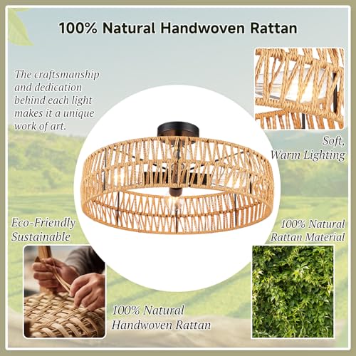 Hamilyeah 20 inch Boho Flush Mount Ceiling Light Fixture, Rattan Ceiling Light Fixture with 4 Light,Woven Light Fixtures Ceiling Mount for Living Room, Bedroom, Kitchen - color: 20INCH Semi Ceiling Light