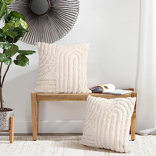 AELS Boho Decorative Textured Throw Pillow Covers 20x20, Set of 2, Modern Abstract Mid Century Rainbow Tufted Pillow Case, Farmhouse Rustic Neutral Woven Cushion Case for Bed Couch Sofa, Creamy White