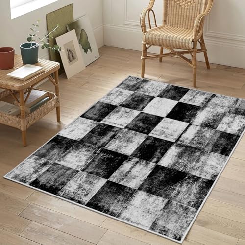 Distressed Plaid Rugs, 2x3 Rug, Black and White Checkered Rugs for Entryway, Abstract Modern Door Mat Indoor Entrance, Washable Area Rug, Small Carpet, Low Pile Non Slip, Contemporary Home Decor - color: Black2, size: 2x3 ft