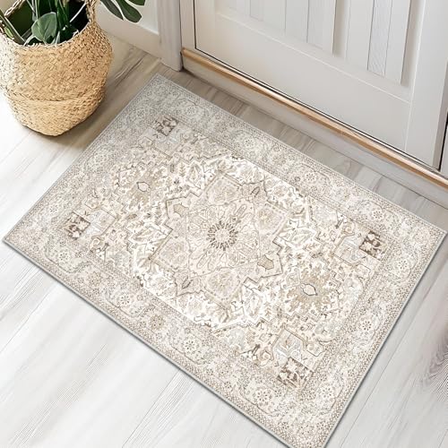 Area Rug 2x3, Lightweight Washable Rugs for Entryway Bathroom Kitchen, Ultra-Thin Absorbing Low Pile Non Slip Rubber Rugs Backing, Durable Aesthetic Vintage 2x3 Rug (Cream/Light Beige, 2X3) - color: Cream/Light Beige, size: 2*3