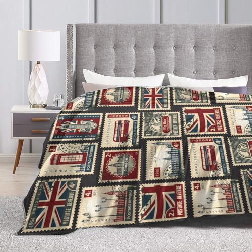 British Stamp Throw Blanket, Vintage England Buildings London Culture Element Retro Warm Cozy Flannel Soft Blanket for Couch Chair Sofa Bed Bedroom Living Room Car for All Season 30"x 40" - color: Country02, size: 30X40 inch