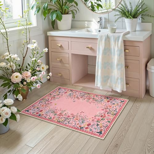 Wonnitar 2x3 Washable Area Rug, Small Pink Kitchen Mat, Boho Floral Bathroom Rug, Non Slip Accent Rug for Bedroom Bedside, Ultra Thin Laundry Door Mat Decor (2x3 Pink) - color: Pink, size: 2' x 3' (Rectangular)