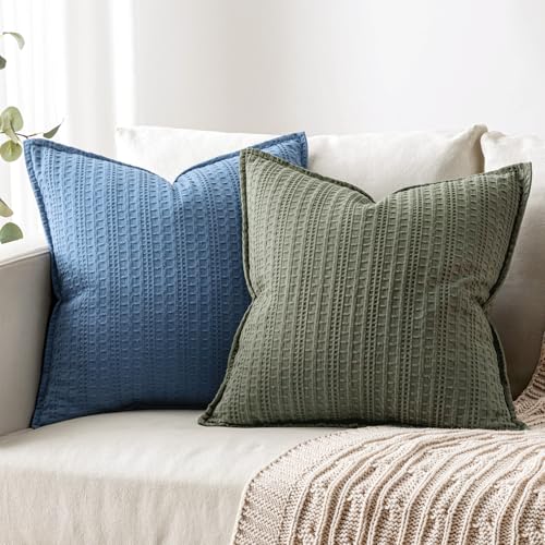 Set of 2 Decorative 100% Cotton Waffle Throw Pillow Covers 20x20, Neutral Euro Shams Weave European Cushion Cases for Couch Sofa Bed Modern Farmhouse Home Decor, Olive Green - color: Olive Green, size: 20" x 20" (Pack of 2)