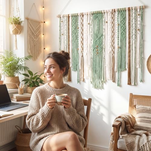 MEIVINES Macrame Wall Hanging Large Wall Art Handmade Woven Tapestry Boho Tapestry Macrame Wall Decor Art Home decoration for Living Room Bedroom Apartment Dorm Wedding Party 38" x 29" - color: Light Green