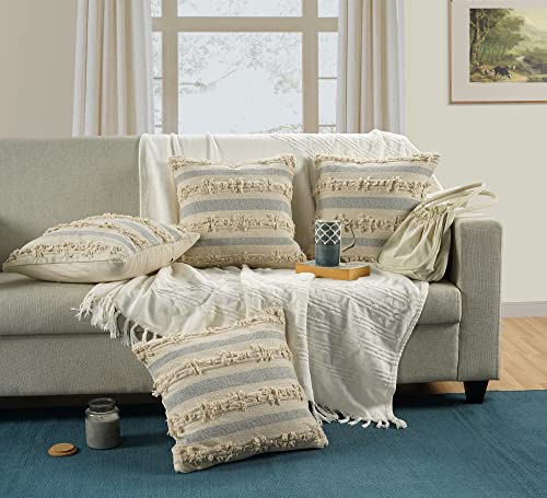 GRUHUM Handmade Boho Throw Pillow Covers Bohemian Chic Farmhouse Style, Accent Woven Indoor & Outdoor Pillow Cushion Cases for Couch, Bed, Chair, Sofa, Bench, Home Decor – Set of 2, 18"x18" - Cream