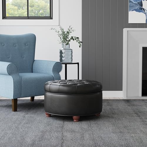 HomePop 25" Button Tufted Round Storage Ottoman - Black Faux Leather - color: Black Faux Leather