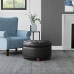 HomePop 25" Button Tufted Round Storage Ottoman - Black Faux Leather - color: Black Faux Leather