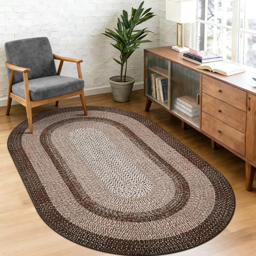 5x8 Oval Living Room Area Rug Washable Modern Border Bedroom Bedside Area Rugs Non Slip Low Pile Dining Room Oval Throw Carpet Contemporary Rugs for Living Room Kitchen Nursery, Brown - color: Brown, size: 5' x 8' (Oval)