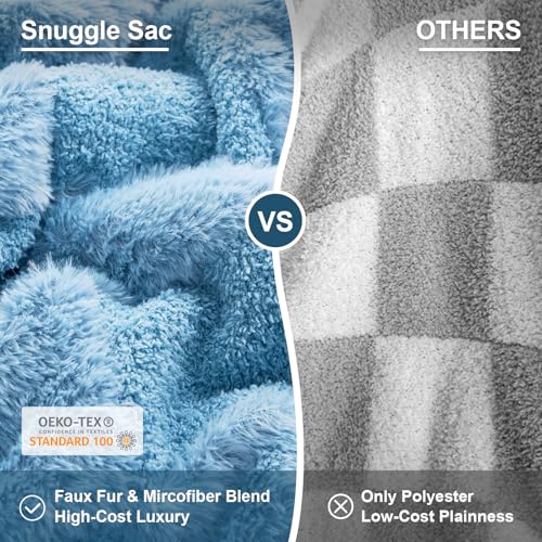 Snuggle Sac Faux Fur Checkered Blanket Twin Size with Soft Knitted Microfiber Fabric,Cozy Soft Warm Blanket for Sofa Bedroom Living Room,Solid Blue,60x80 inches - color: Solid Blue, size: Twin(60"x80")