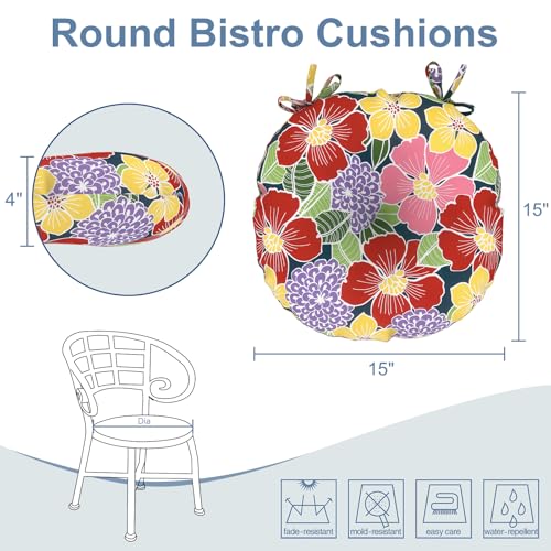 LVTXIII Outdoor Bistro Chair Cushions, 15"x15"x4" Round Patio Chair Cushions, All Weather Tufted Seat Cushions for Patio Furniture Use, Set of 2, Flower Bloom - color: Flower Bloom