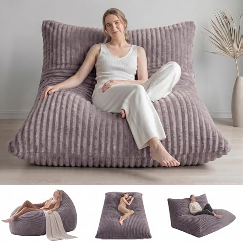 3 in 1 Bean Bag Chair with Memory Foam Filler, Beanbag Chairs for Adult with Washable Cover, Fluffy Oversize Bean Bag Chair Reading Lounger for Bedroom & Living Room (Grey) - color: Grey