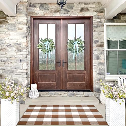 Ckorzen Coffee and White Plaid Rug,28" x 43" Outdoor Front Porch Door Decor Mat, Washable Cotton Woven Farmhouse Area Rug for Layered Door Mats Carpet, Entryway, Easter Décor - color: Coffee & White, size: 2'4" x 3'7" (Rectangular)