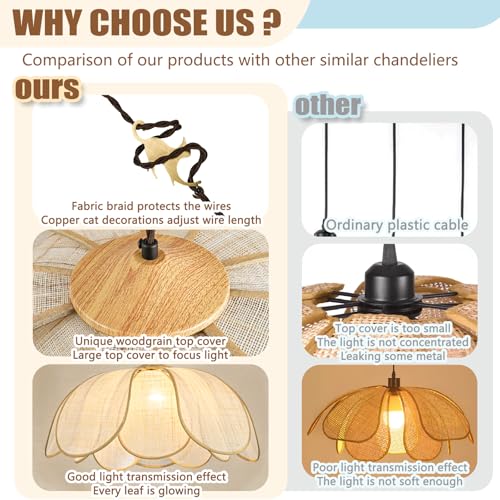Boho Light Fixture, 25.6" Hand Woven Rattan Chandelier, Boho Chandelier with Brass Cat Hook for Dining Room, Living Room, Kitchen, Bedroom and Restaurant - size: 25.6 in