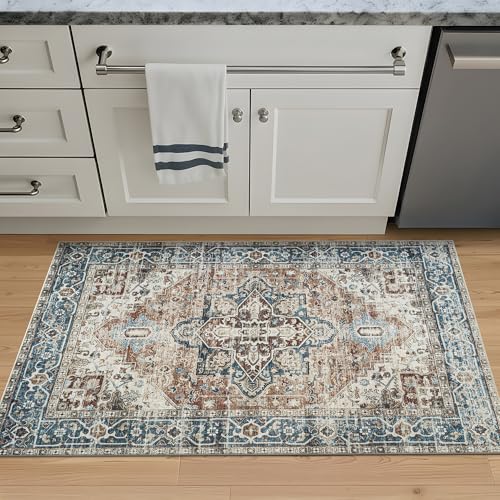 Bloom Rugs Caria Washable Non-Slip 3x5 Rug - Terracotta/Blue Traditional Area Rug for Living Room, Bedroom, Dining Room, and Kitchen - Exact Size: 3' x 5' - color: Terracotta / Blue, size: 3' x 5' (Rectangular)