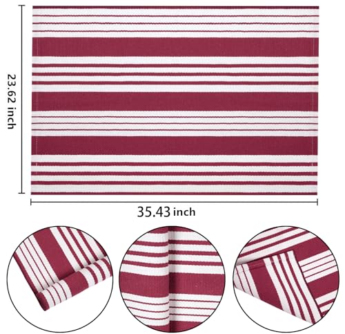 Red and White Striped Outdoor Rug 24'' x 35'' Door Mat Outdoor Machine Washable Welcome Mats Cotton Hand-Woven Entryway Rug for Front Porch/Entryway/Laundry/Bathroom/Bedroom - color: Red, size: 2' x 3' (Rectangular)