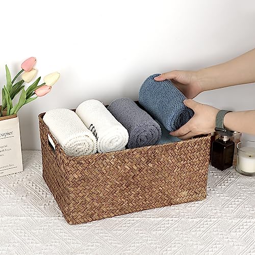 Hipiwe Seagrass Storage Opened Baskets Bin for Shelf Organizing Handwoven Wicker Baskets Rectangular Decorative Basket Closet Bedroom Organizer Bin Box Multipurpose Storage Basket with Handle - color: Coffee, size: Large,14.6"x10.6"x7"