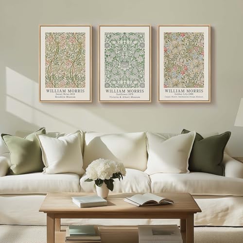 Framed William Morris Canvas Wall Art for Living Room, 3 Piece Large Vintage Sage Green Artwork for Walls Nature Floral Botanical Picture Prints for Bedroom, Hallway, Home Office Wall Decor, 16x24 - color: Sage Green Floral, size: 16"W x 24" H x 3Pcs