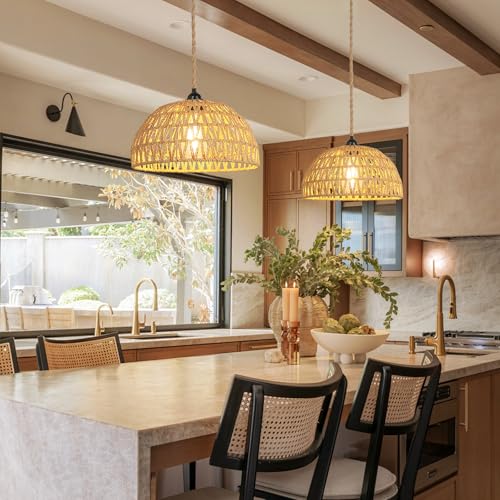 Boho Pendant Light Plug in: Rattan Hanging Lamp with 14.7ft Plug in Cord, Adjustable Height Hand Woven Hanging Light Fixture for Living Room, Bedroom, Dining Room, Kitchen, E26 No Bulb