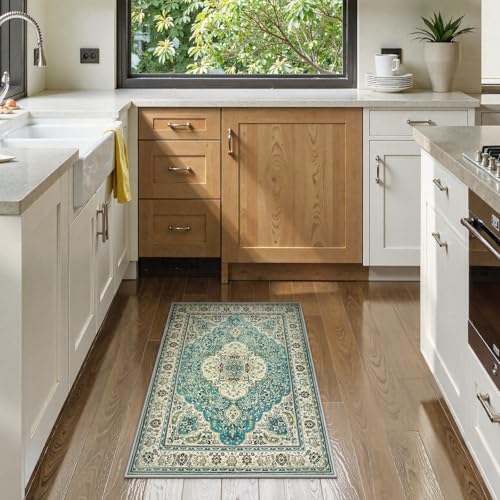 Lahome Felice Floral Medallion Area Rug - 2x3 Small Rugs for Entryway Distressed Doormat Vintage Non-Slip Washable Low-Pile Carpet for Indoor Front Entrance Kitchen Laundry Bathroom, Sky/Baby Blue - color: Sky/Baby Blue, size: 2' x 3' (Rectangular)