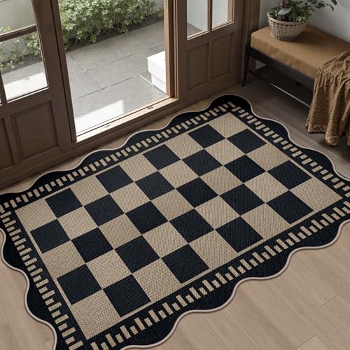 Checkered Easy Jute Front Door Mat, 2.6x4 Washable Entryway Rug Non Slip Small Kitchen Rug, Farmhouse Low Pile Floor Scalloped Rugs for Doorway Porch Bathroom - color: Black Checkered, size: 2.6'x4' (Rectangular)