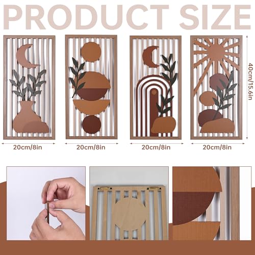Orange Boho Wall Art Set of 4, Abstract Geometric Wooden Terracotta Wall Decor, Mid-Century Modern Aesthetic Artwork with Arch, Vase & Botanical Design for Modern Home Decor for Bedroom, Office & Living Room(B) - color: B