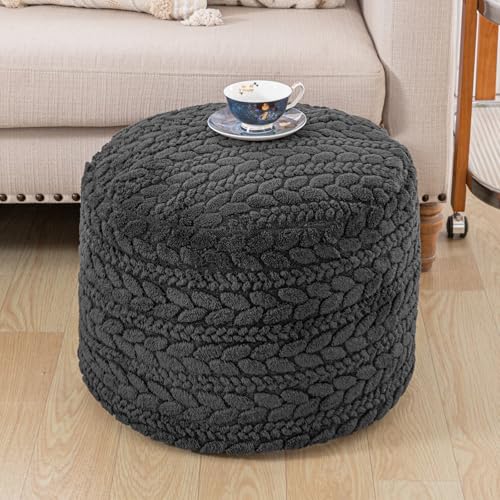 Poofieotto Unstuffed Ottoman Pouf Cover – Round Faux Fur Footstool Plush Floor Pouf (No Filler Included) Perfect for Living Room, Bedroom, or Office Lounge (Gray, 20x20x15 in) - color: Grey, size: 20"D x 20"W x 15"H