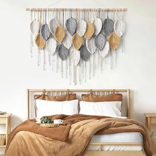 KHOYIME Large Macrame Wall Hanging Boho Woven Tapestry, Chic Modern Home Decor Bohemian Farmhouse Handmade Leaf Feather Wall Art Decorations for Living Room Bedroom Nursery Dorm Backdrop 39"W X 29.5"L - color: Yellow-39"W x 29.5"L