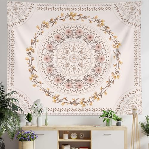 Lifeel White Pink Bohemian Tapestry Wall Hanging, Mandala Floral Medallion Hippie Tapestry with Light Brown Aesthetic Wreath Design, Cream Wall Decor Blanket for Bedroom Home Dorm, Small 50×60 inches - color: White Pink, size: 60"L x 50"W
