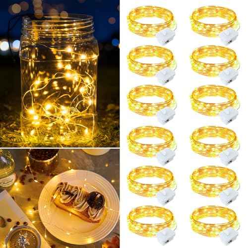 12 Pack Warm White Fairy Lights Battery Operated, 7ft 20 LED Mini String Twinkle Lights for Christmas Halloween Mason Jars Centerpiece Table Decorations (12, Warm White) - color: Warm White