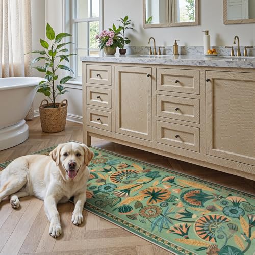 Zealude Floral Kitchen Rugs, 2.5X8 Green Runner Rug for Hallway, Non Slip Rugs for Entryway, Washable Carpet Runner with Rubber Backing, Vintage Rug for Bathroom Bedroom Indoor - color: Sage Green, size: 2'6'' x 8'(Runner)