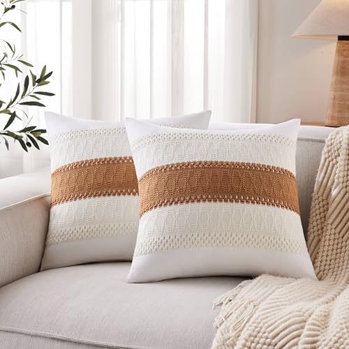 Soft Cotton Boho Throw Pillow Covers Set of 2, Natural White/Contrast Caramel 18x18 Inch, Caramel Farmhouse Decorative Cushion Covers for Sofa Bed Living Room Home Decor - color: Natural White/Contrast/Caramel, size: 18" x 18" (Pack of 2)