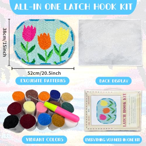ORIGACH Tulip Latch Hook Rug Kit for Adults Printed Rug Making Kit Handmade Carpet Tapestry Cover with Hook Latch and Preprinted Canvas, Home Arts Crafts Sofa Decor, 20.5x15inch - style: Tulip