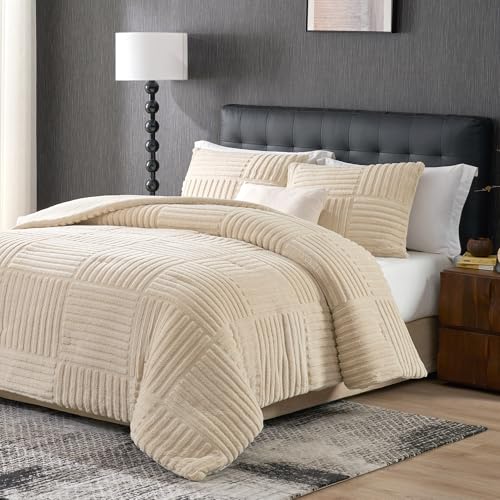 Amélie Home King Size Comforter Set with Stripe Jacquard Design, Khaki Fluffy King Bedding Set, Super Soft Plush Bedding Set,3 Pieces, 1 Soft Comforter and 2 Pillowcases - color: Stripe Patchwork Khaki, size: King (106"x90")